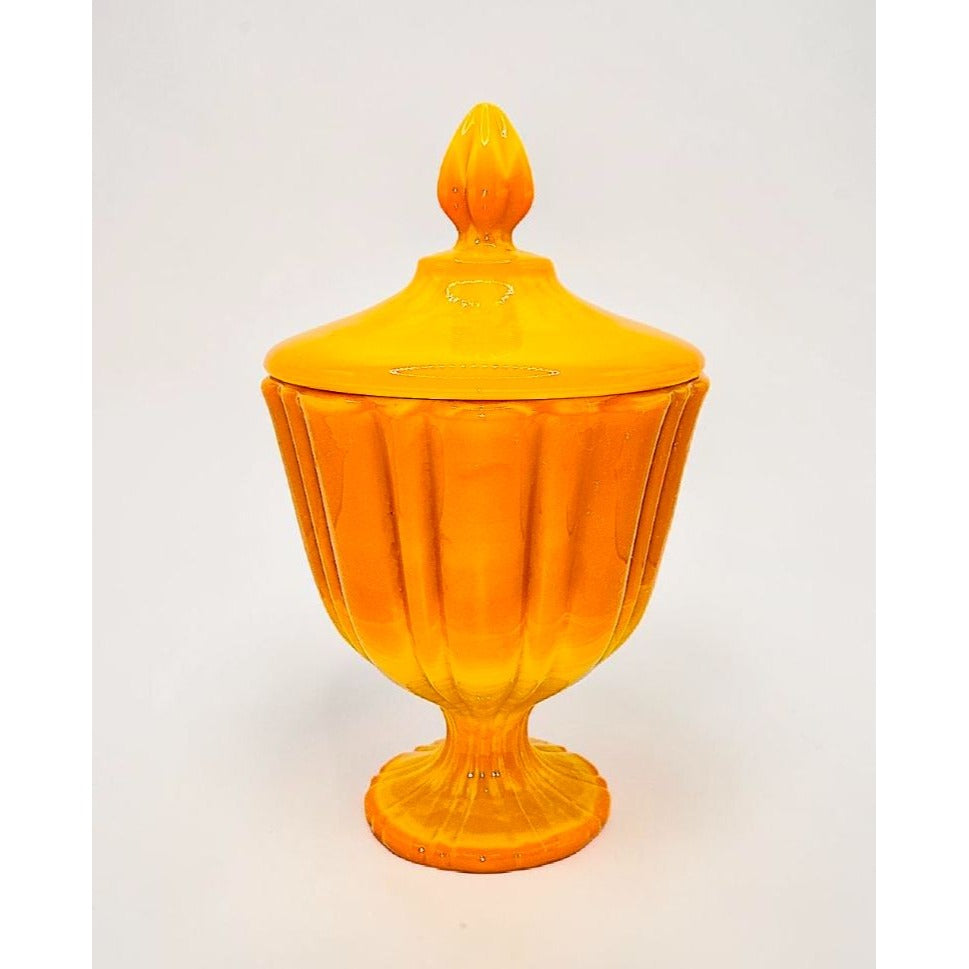 Vintage LE SMITH Bittersweet Orange Covered Pedestal Candy Dish w/Lid Swirled Orange slag Glass