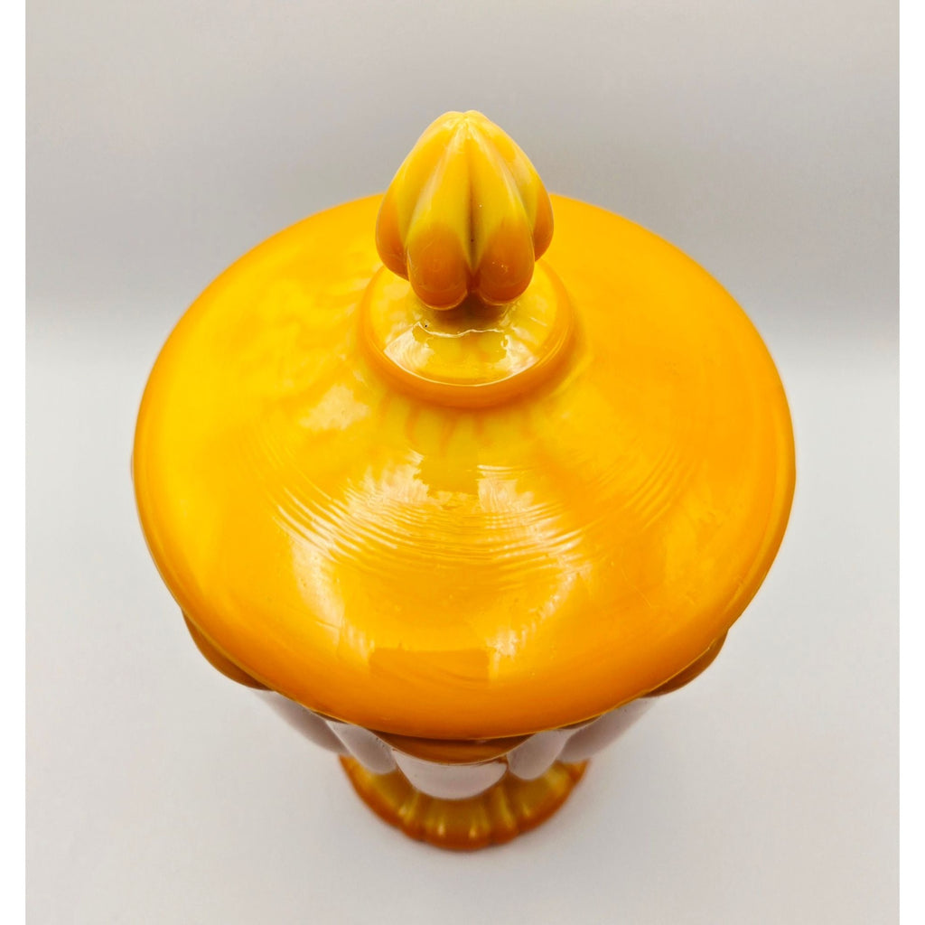 Vintage LE SMITH Bittersweet Orange Covered Pedestal Candy Dish w/Lid Swirled Orange slag Glass