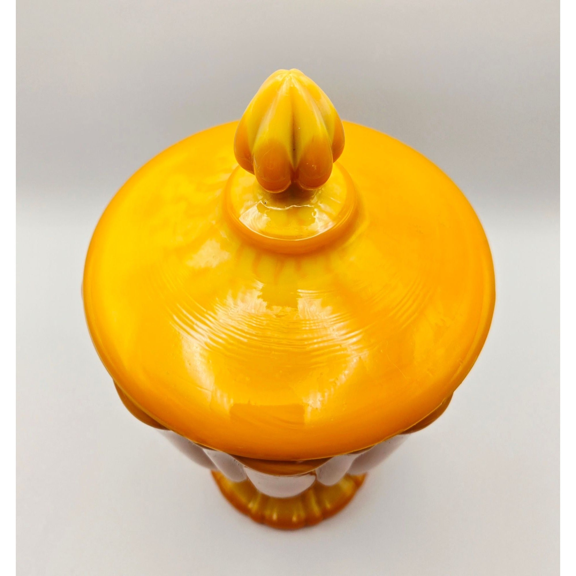 Vintage LE SMITH Bittersweet Orange Covered Pedestal Candy Dish w/Lid Swirled Orange slag Glass