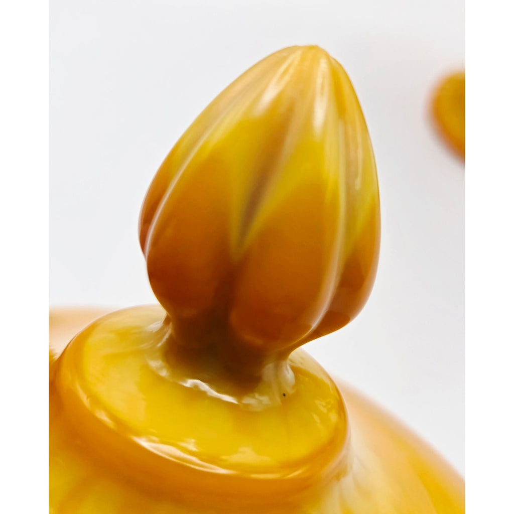 Vintage LE SMITH Bittersweet Orange Covered Pedestal Candy Dish w/Lid Swirled Orange slag Glass