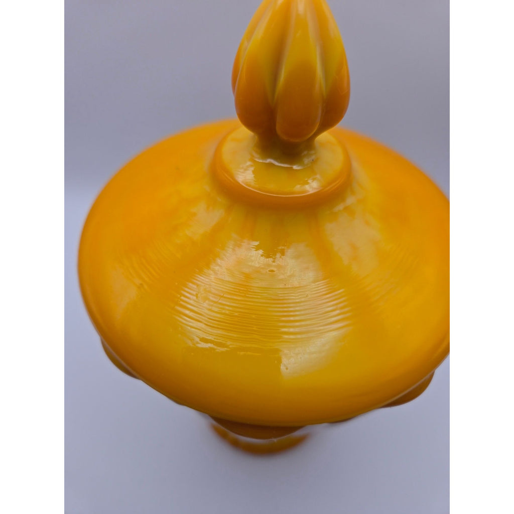 Vintage LE SMITH Bittersweet Orange Covered Pedestal Candy Dish w/Lid Swirled Orange slag Glass
