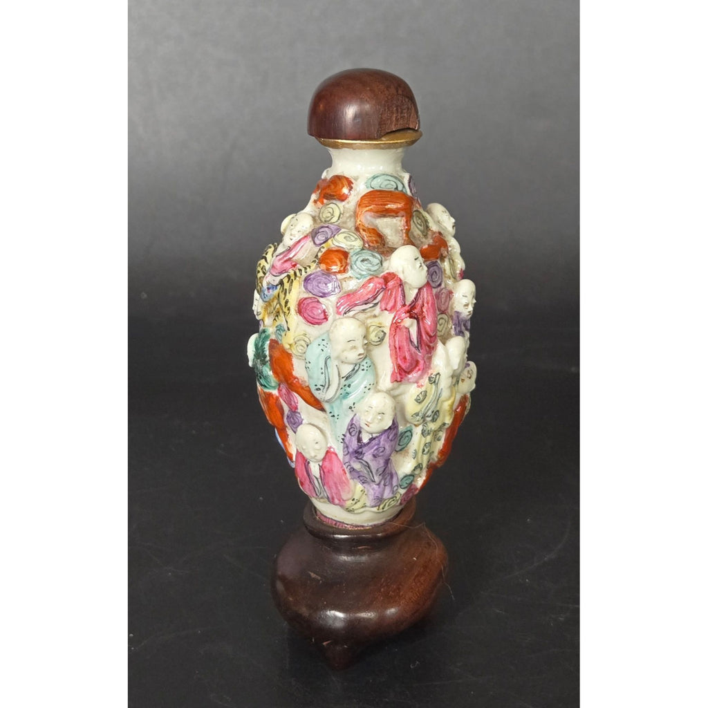 Hand-Painted Antique Chinese Porcelain Snuff Bottle Withd 18 Arhats Immortals w/ Wood Lid, & Stand