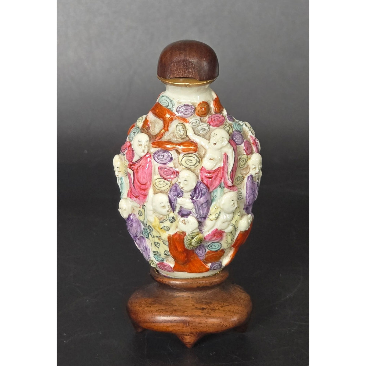 Hand-Painted Antique Chinese Porcelain Snuff Bottle Withd 18 Arhats Immortals w/ Wood Lid, & Stand