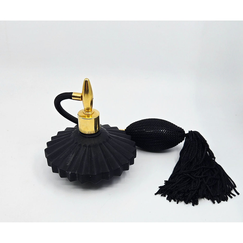 Holmspray Perfume Bottle Satin Black Ribbed Saucer ShapedGreat Condition with Gold Atomozer, Fringed