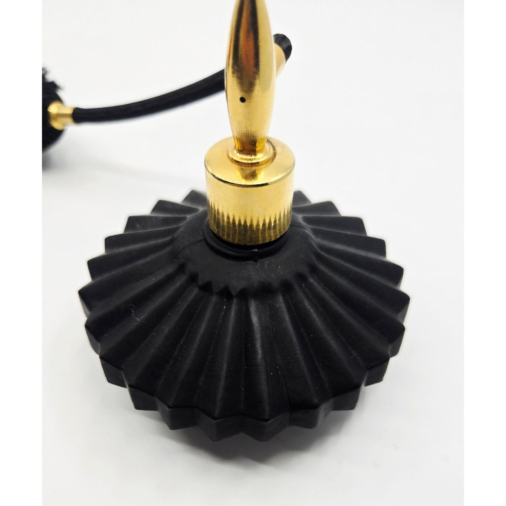 Holmspray Perfume Bottle Satin Black Ribbed Saucer ShapedGreat Condition with Gold Atomozer, Fringed