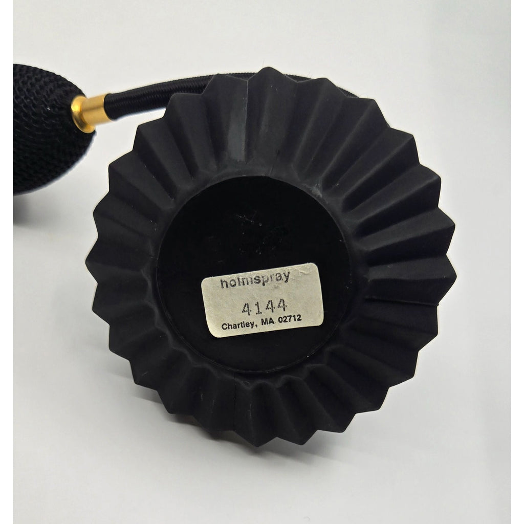 Holmspray Perfume Bottle Satin Black Ribbed Saucer ShapedGreat Condition with Gold Atomozer, Fringed