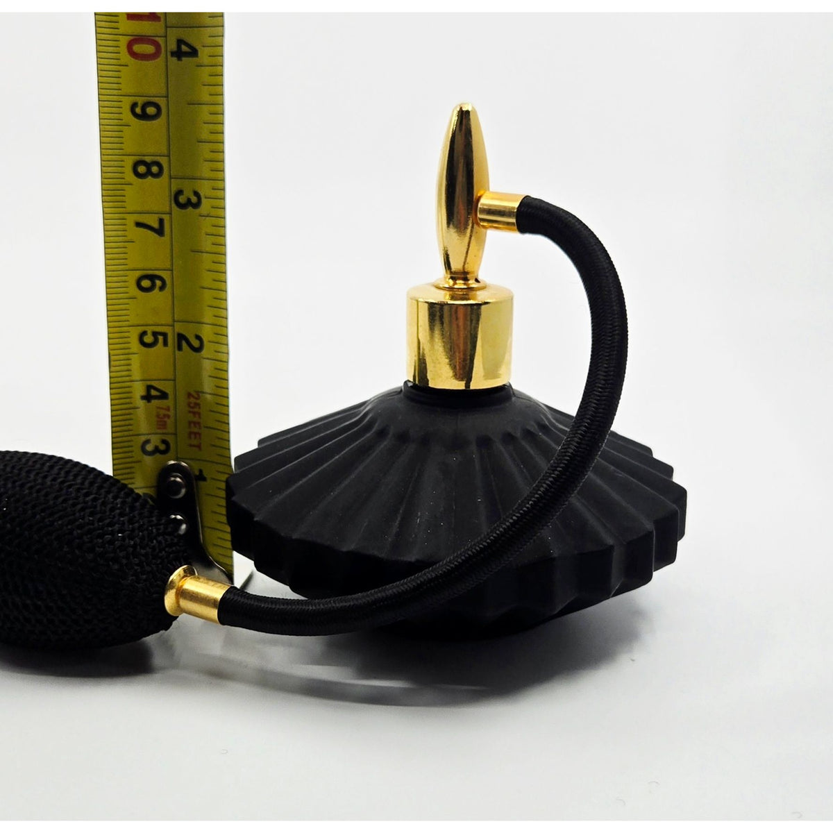 Holmspray Perfume Bottle Satin Black Ribbed Saucer ShapedGreat Condition with Gold Atomozer, Fringed