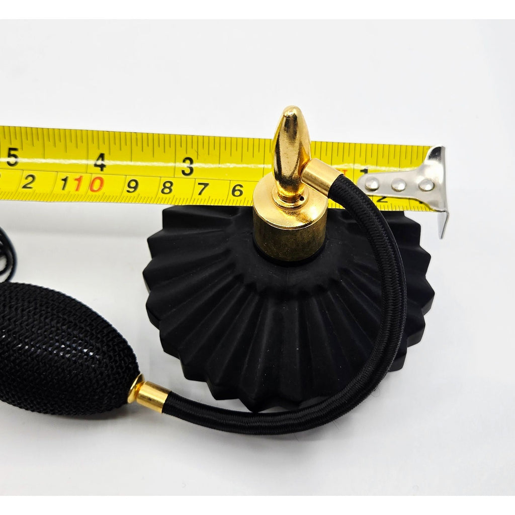 Holmspray Perfume Bottle Satin Black Ribbed Saucer ShapedGreat Condition with Gold Atomozer, Fringed