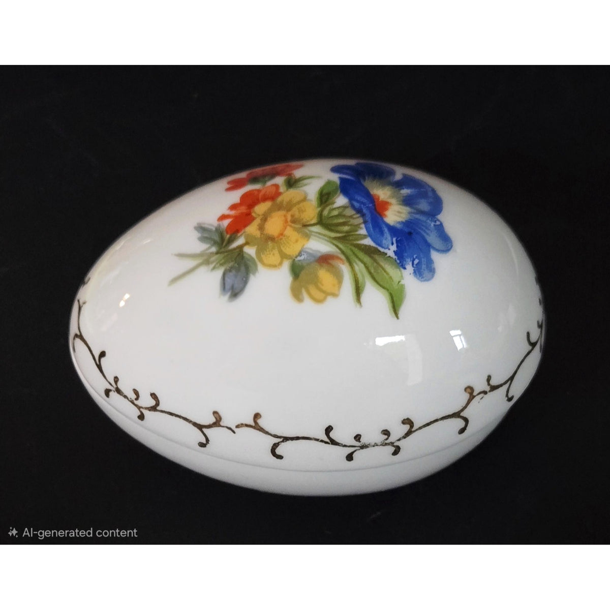 Vintage Porcelain Floral Trinket Box With Gold Detailing - Oval Shape