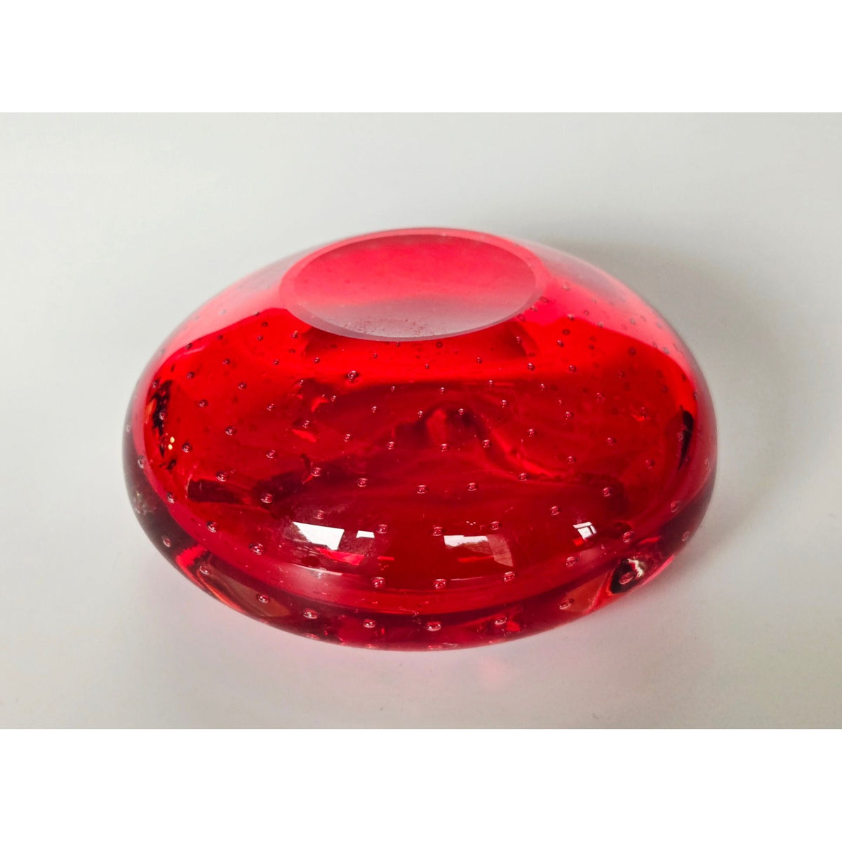 Vintage Ruby Red Murano Art Glass Ashtray, Dish Controlled Bubble Bullicante Design