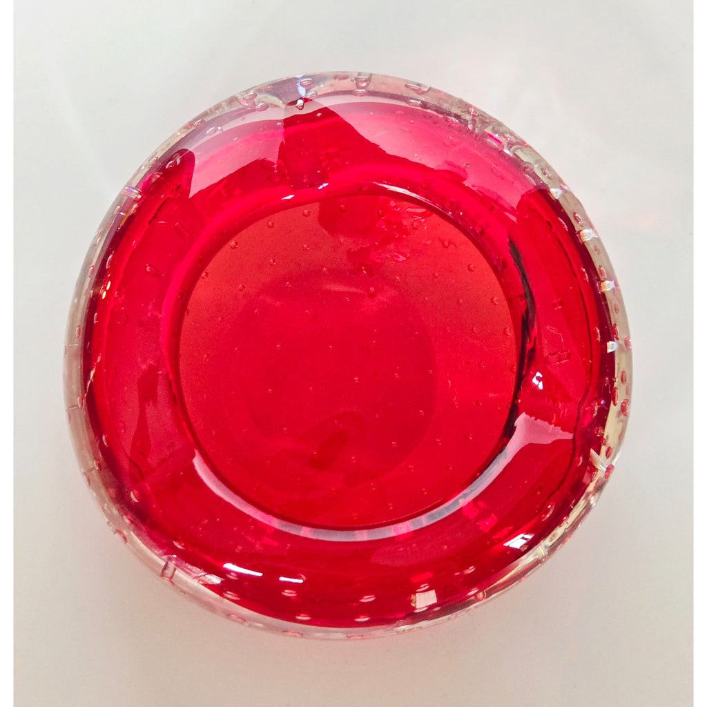 Vintage Ruby Red Murano Art Glass Ashtray, Dish Controlled Bubble Bullicante Design