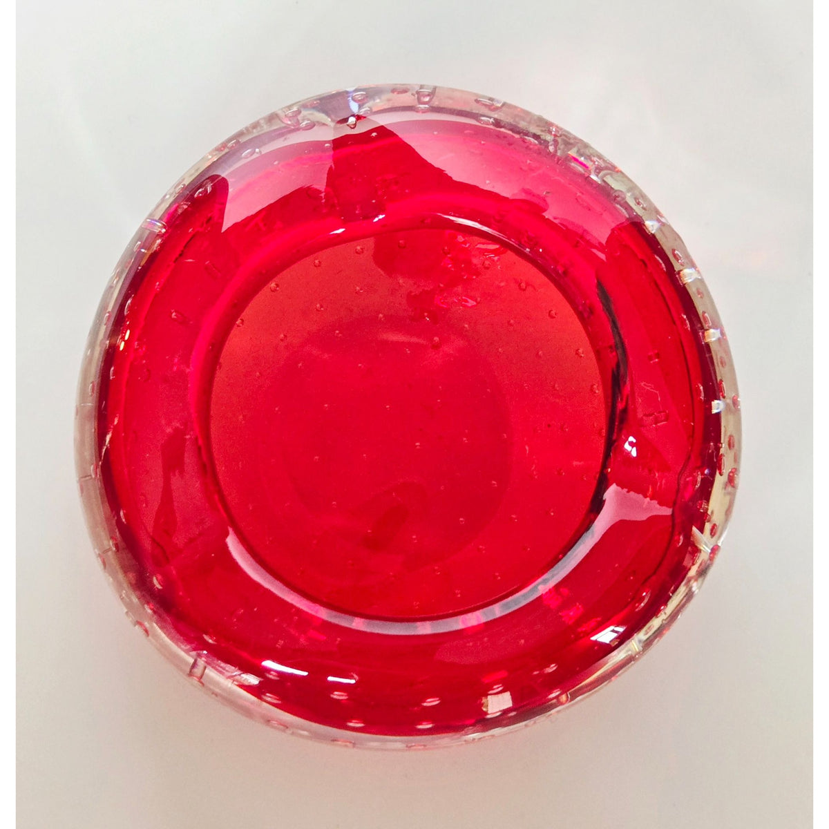 Vintage Ruby Red Murano Art Glass Ashtray, Dish Controlled Bubble Bullicante Design