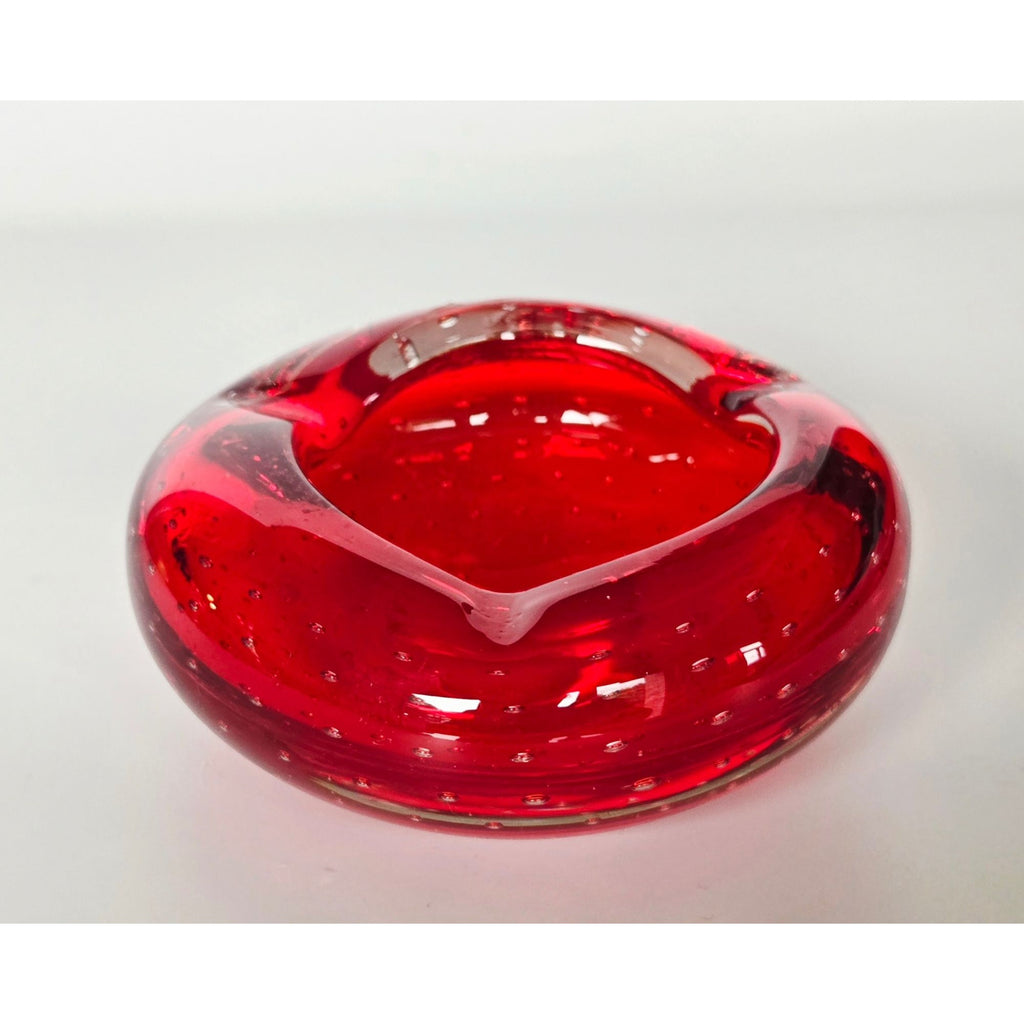 Vintage Ruby Red Murano Art Glass Ashtray, Dish Controlled Bubble Bullicante Design
