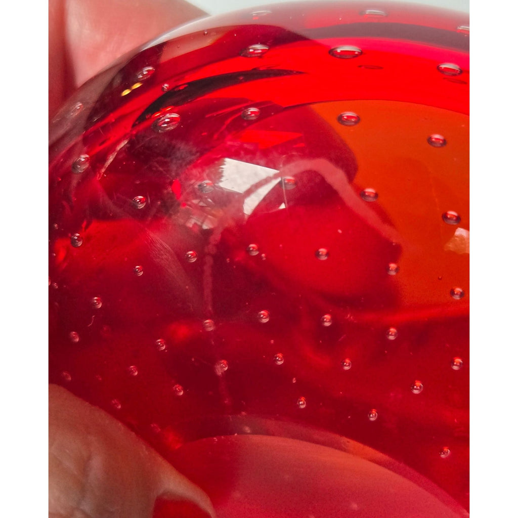 Vintage Ruby Red Murano Art Glass Ashtray, Dish Controlled Bubble Bullicante Design