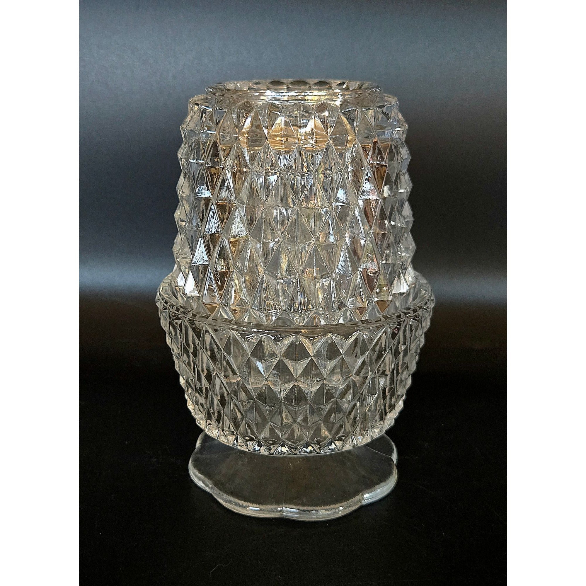 Gorgeous Diamond Point Indiana Glass Clear Fairy Lamp in Mint Condition 5.25"