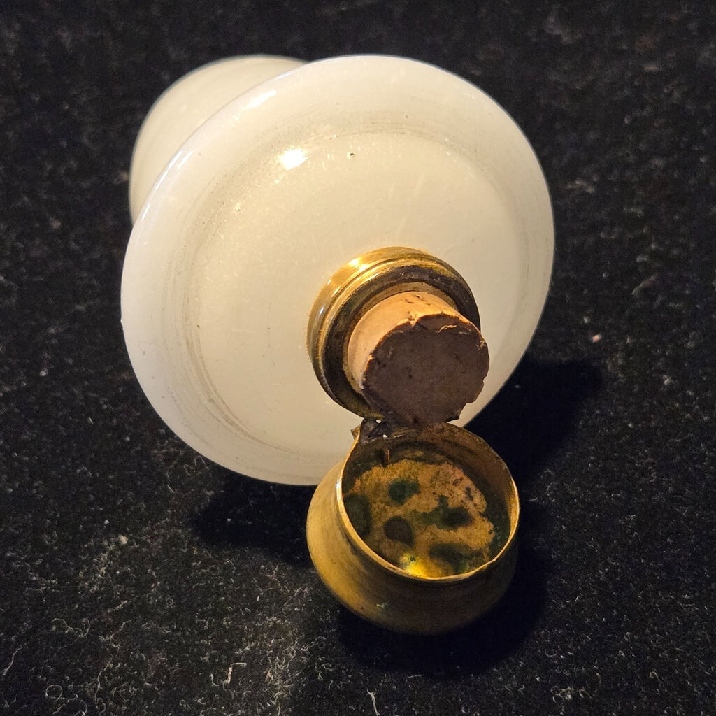 Antique Rare White Opaline Brass, Glass Egg Shape Perfume Flask Snuff Box Chatelaine