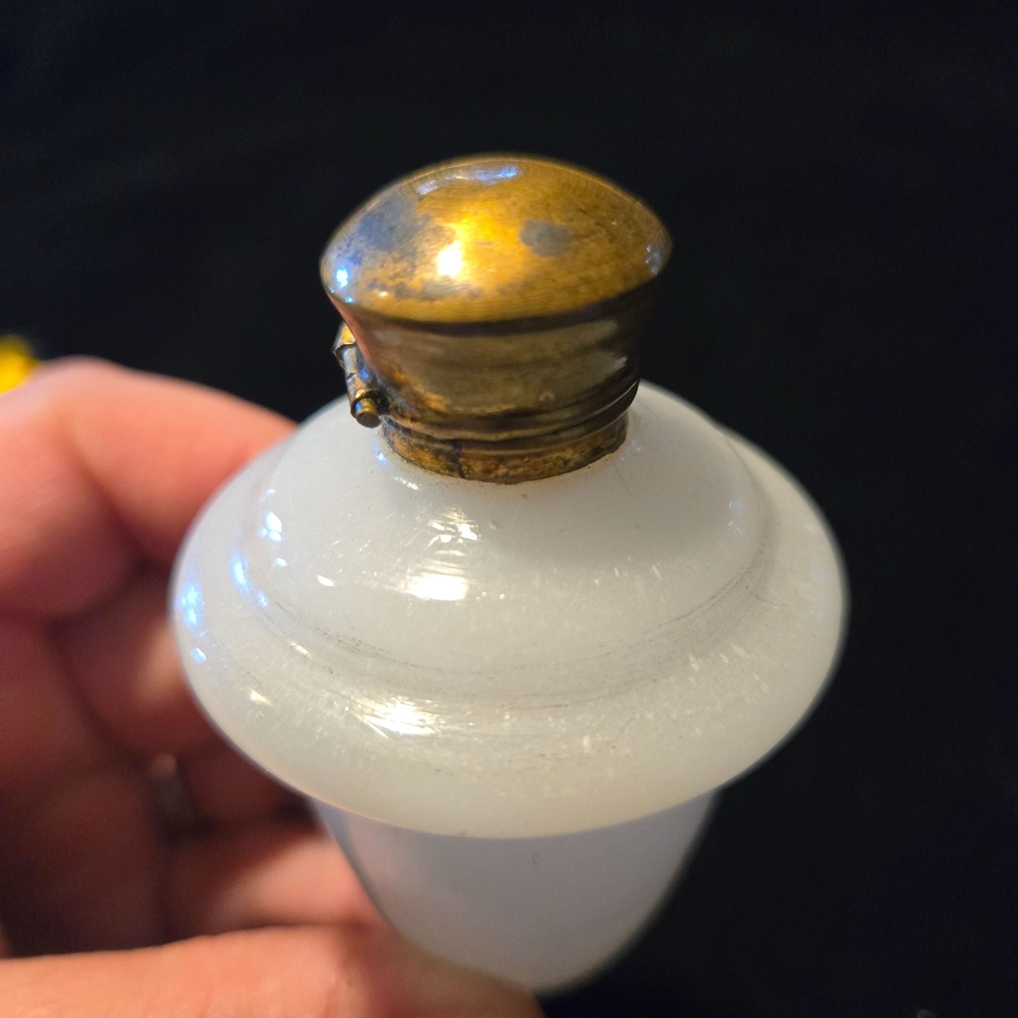 Antique Rare White Opaline Brass, Glass Egg Shape Perfume Flask Snuff Box Chatelaine
