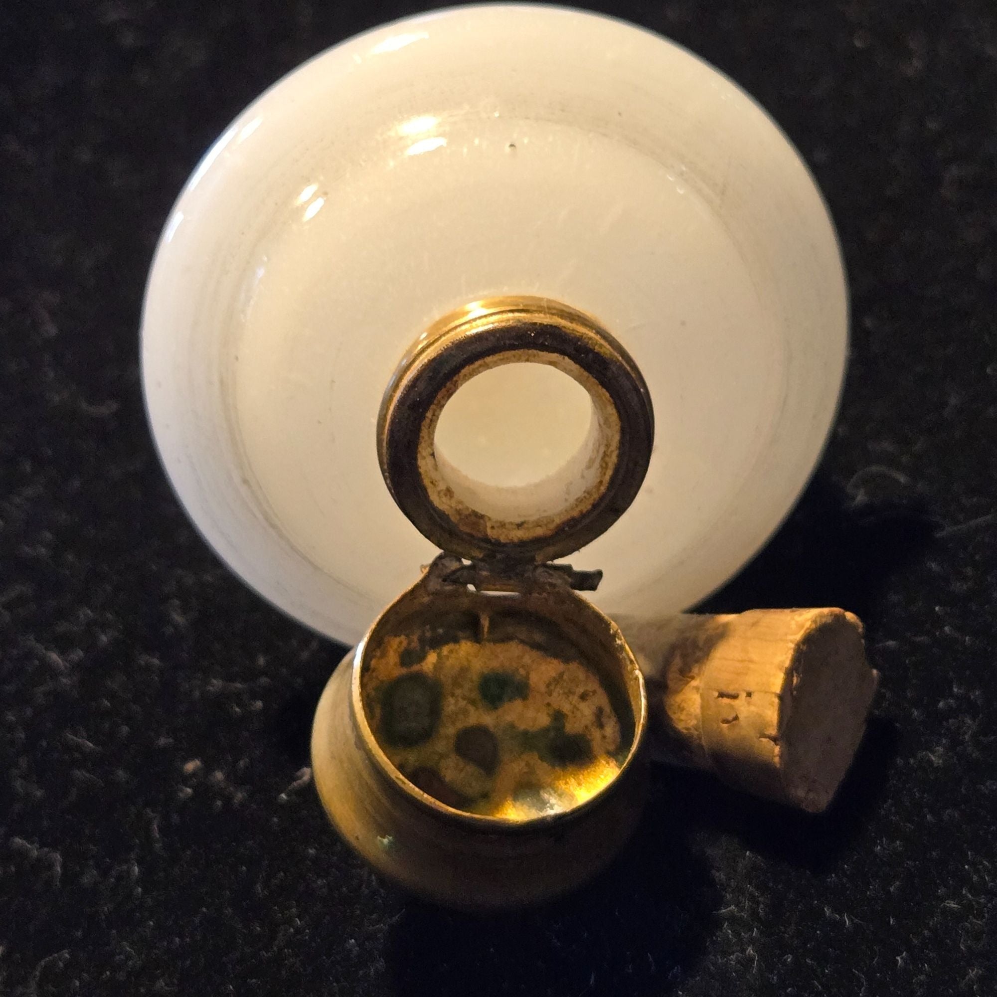 Antique Rare White Opaline Brass, Glass Egg Shape Perfume Flask Snuff Box Chatelaine