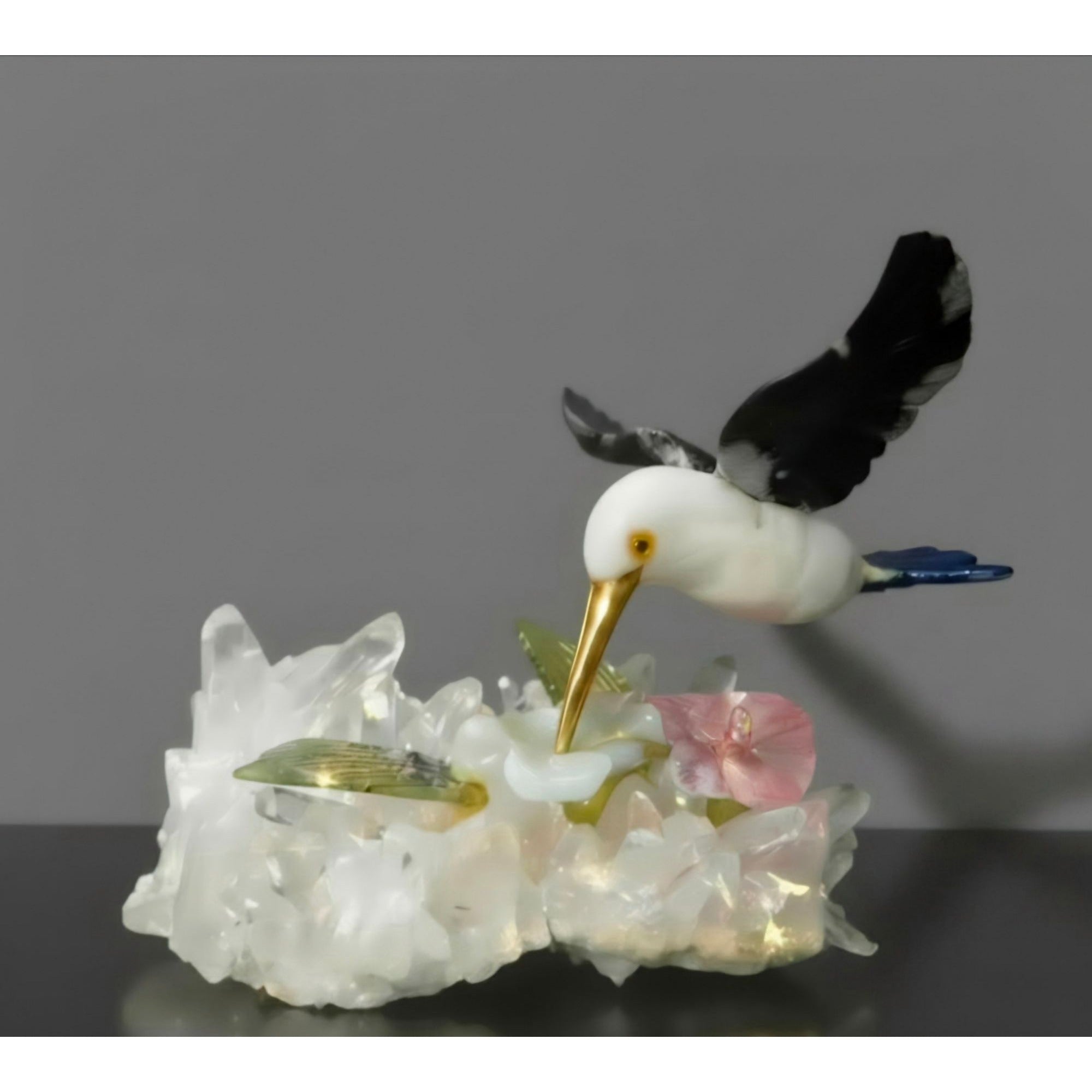 Hand-Carved Gemstone Hummingbird Sculpture On Quartz Crystal Base