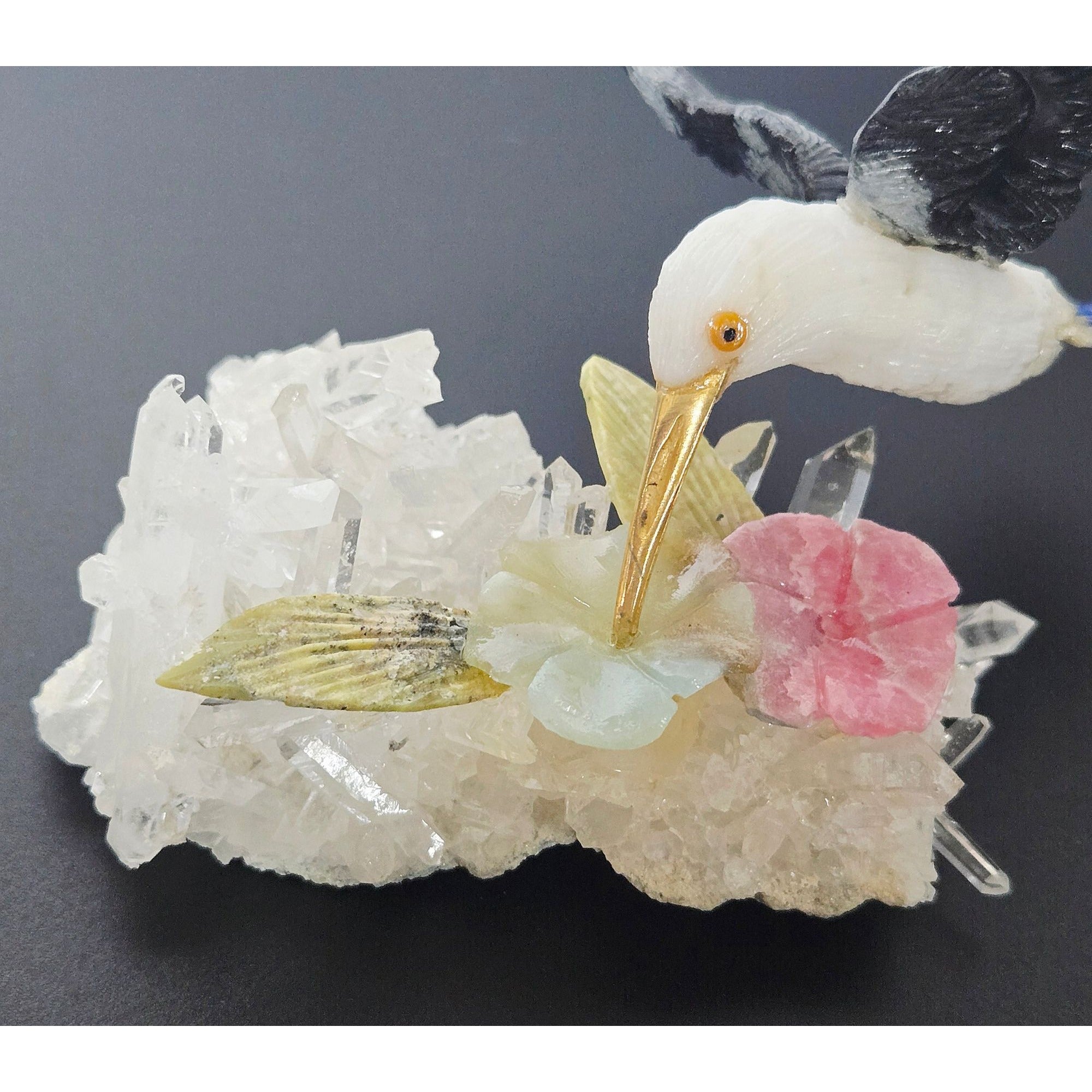Hand-Carved Gemstone Hummingbird Sculpture On Quartz Crystal Base