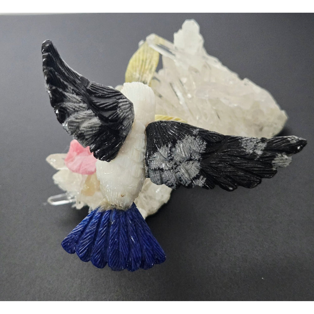Hand-Carved Gemstone Hummingbird Sculpture On Quartz Crystal Base