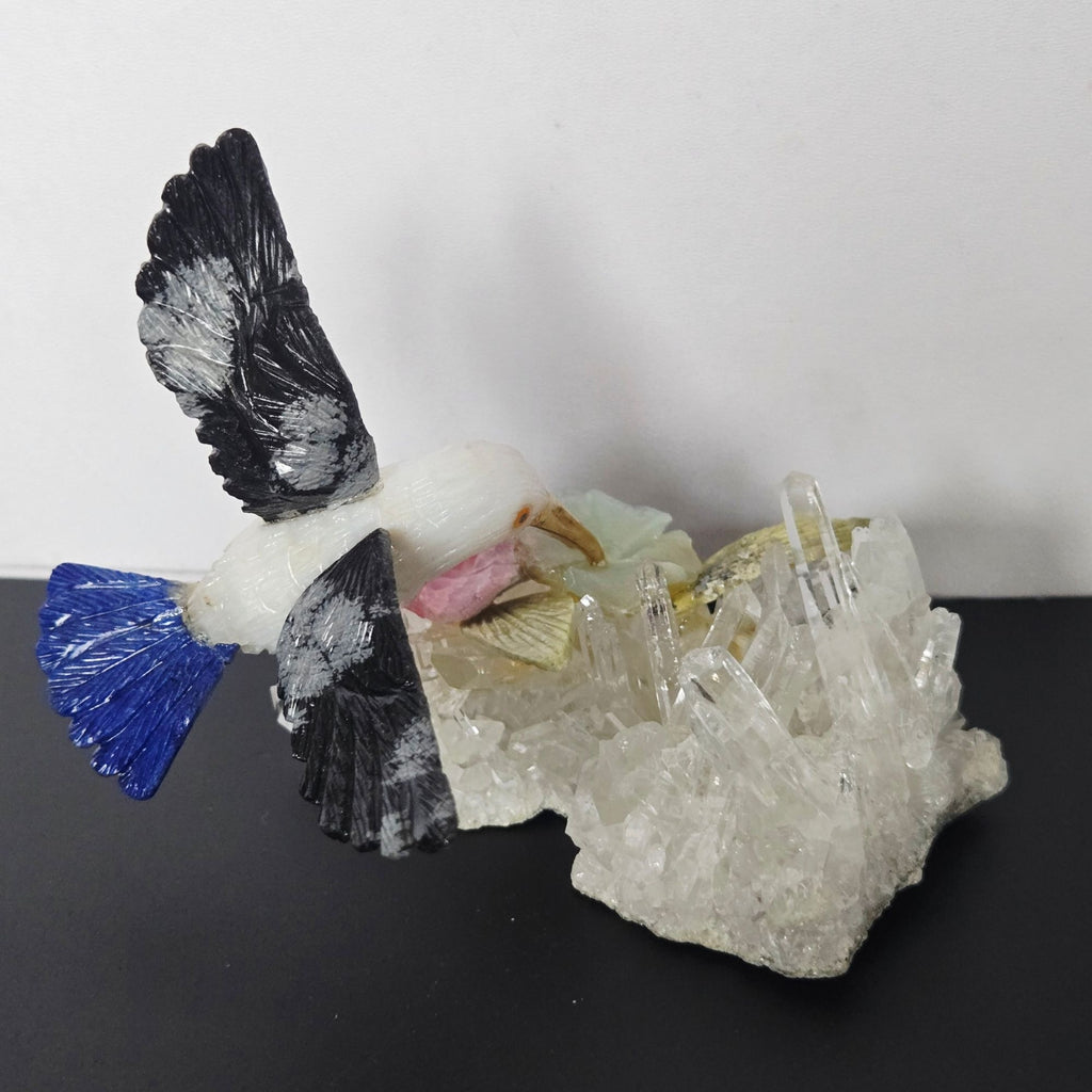 Hand-Carved Gemstone Hummingbird Sculpture On Quartz Crystal Base
