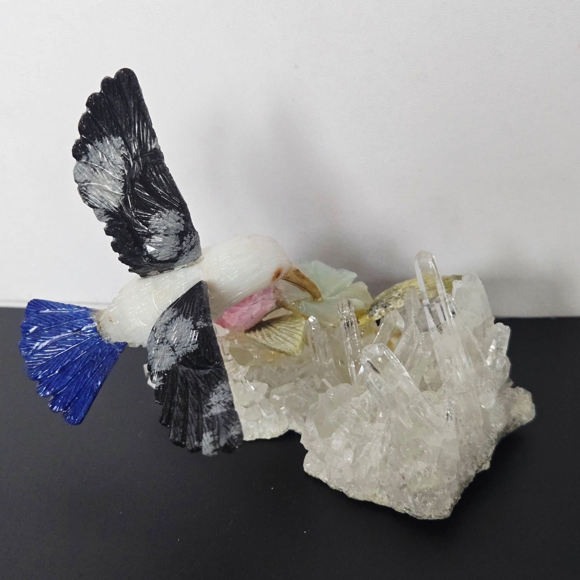 Hand-Carved Gemstone Hummingbird Sculpture On Quartz Crystal Base