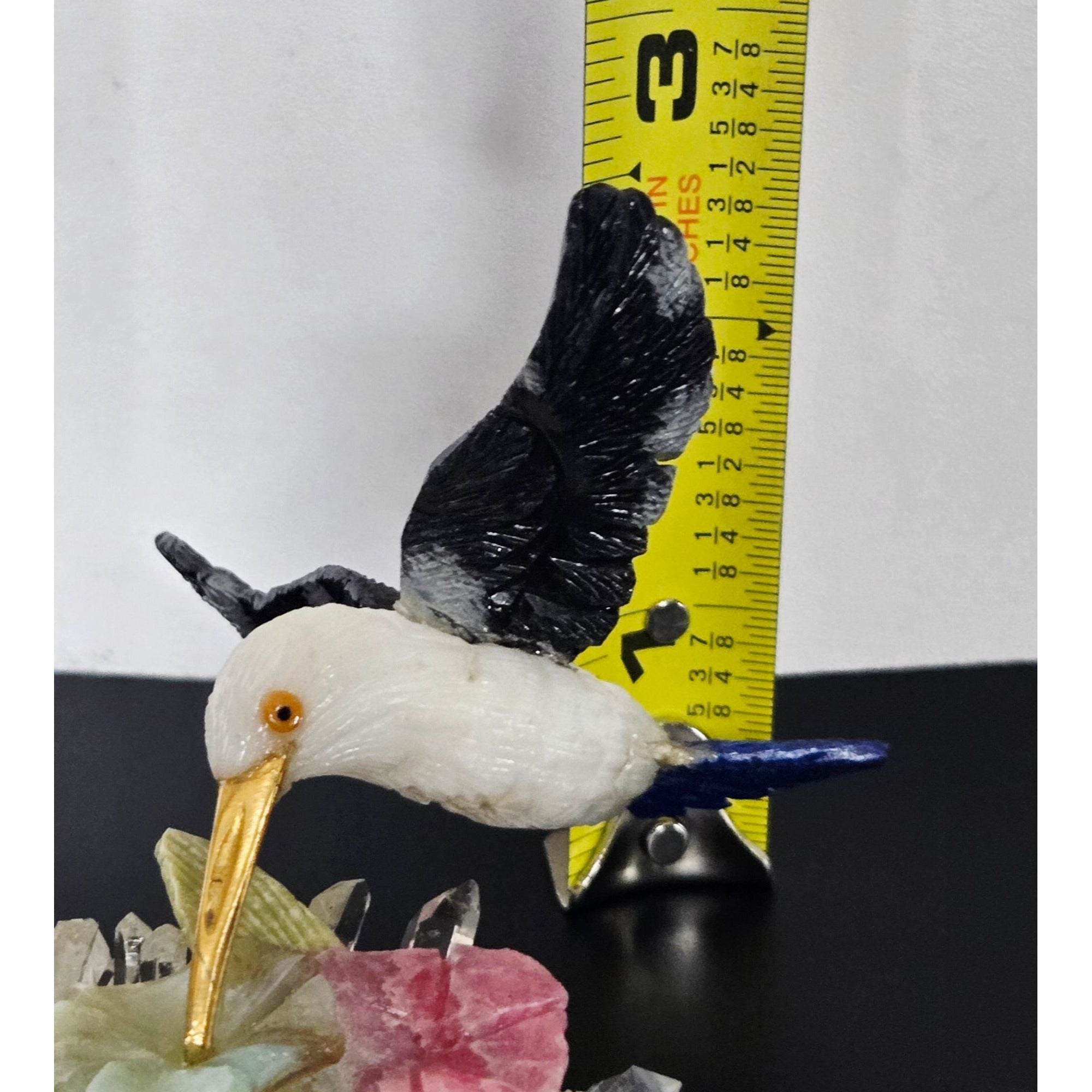 Hand-Carved Gemstone Hummingbird Sculpture On Quartz Crystal Base