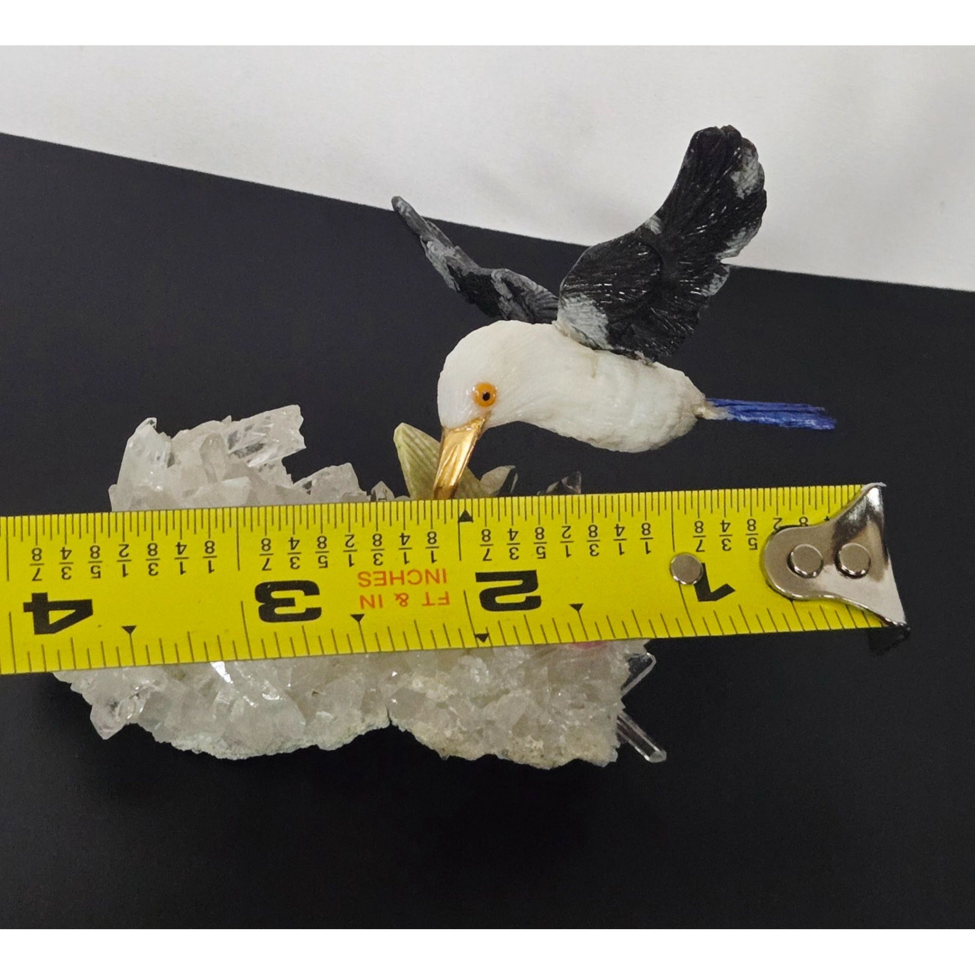 Hand-Carved Gemstone Hummingbird Sculpture On Quartz Crystal Base