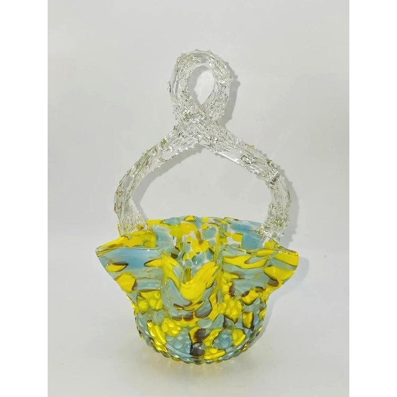 Czech Victorian Confetti Glass basket Hand blown, yellow blue speckle