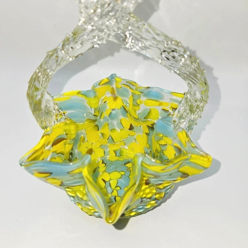 Czech Victorian Confetti Glass basket Hand blown, yellow blue speckle