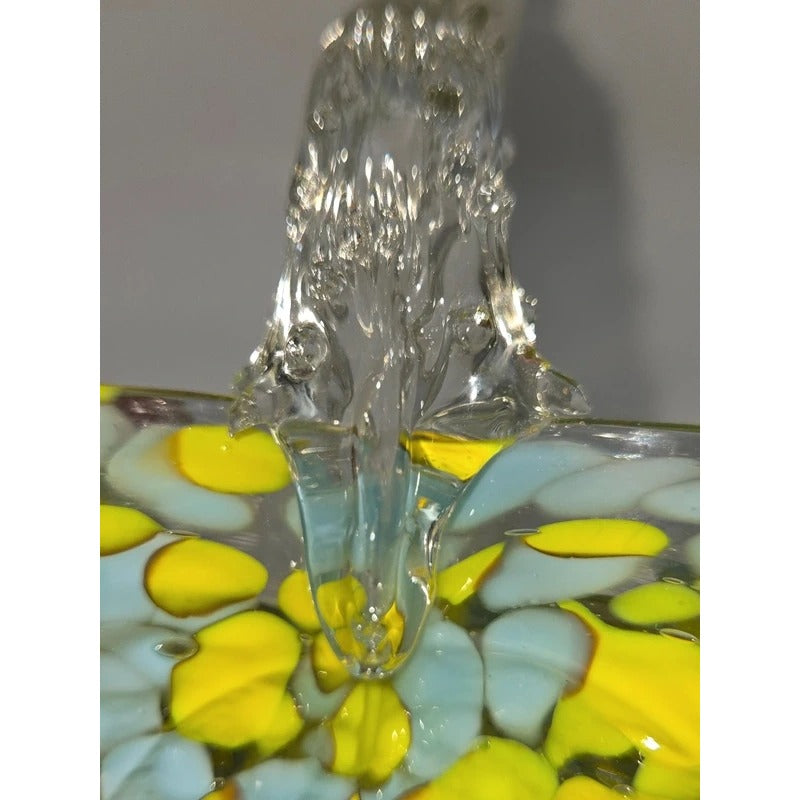 Czech Victorian Confetti Glass basket Hand blown, yellow blue speckle