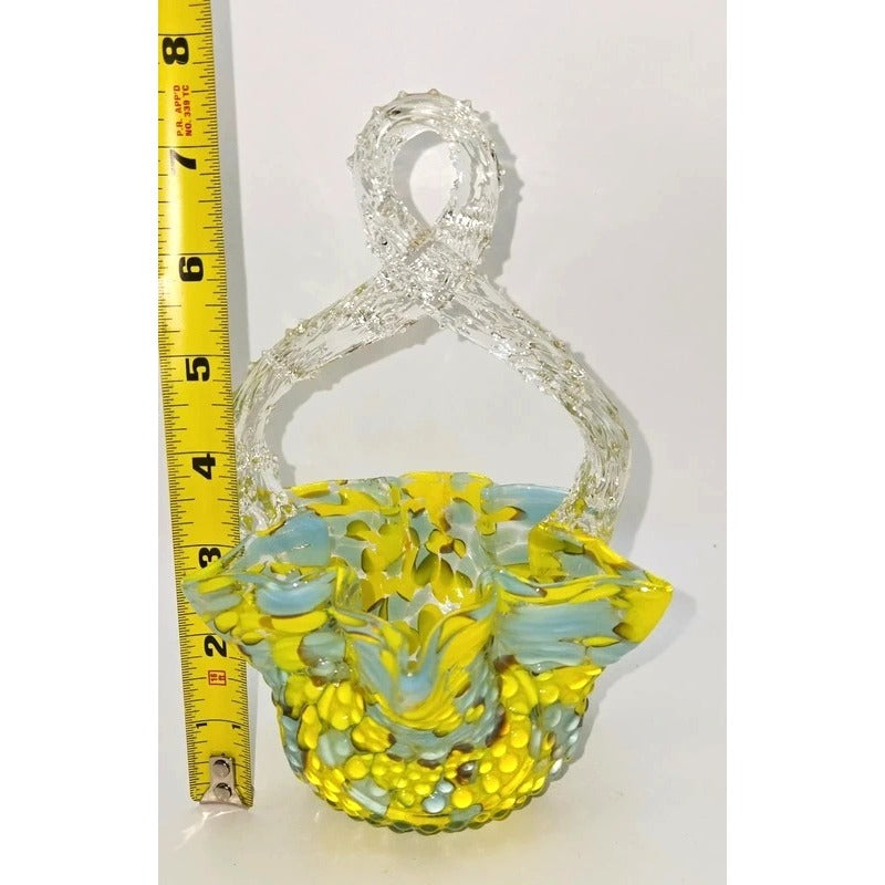 Czech Victorian Confetti Glass basket Hand blown, yellow blue speckle