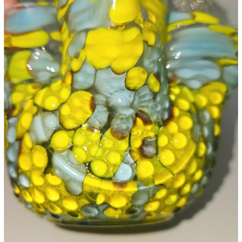 Czech Victorian Confetti Glass basket Hand blown, yellow blue speckle