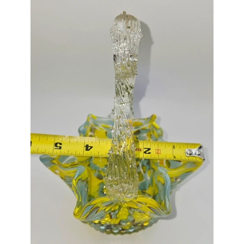 Czech Victorian Confetti Glass basket Hand blown, yellow blue speckle