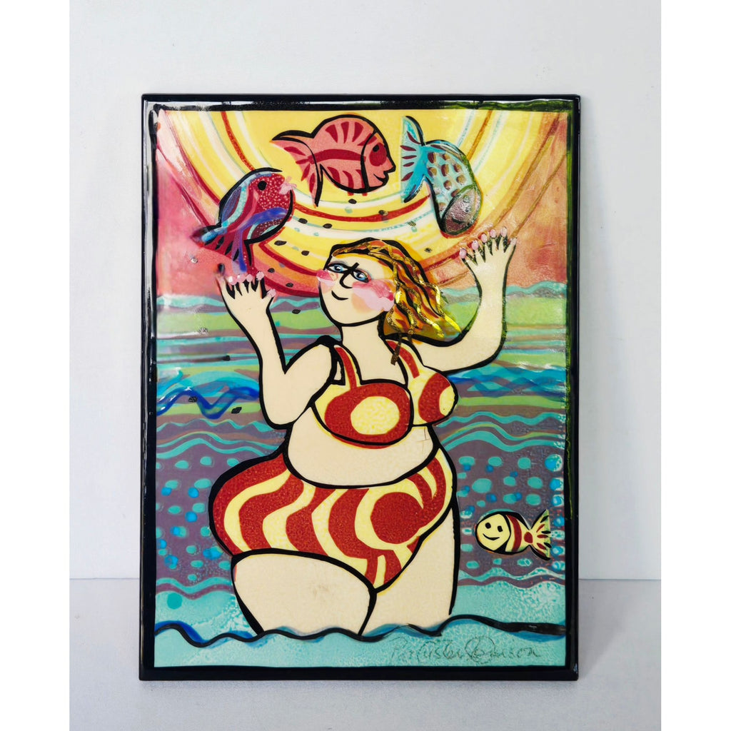 Handcrafted Ceramic Art Tile With Vibrant Swimmer & Fish Design By Pat Custer Denison