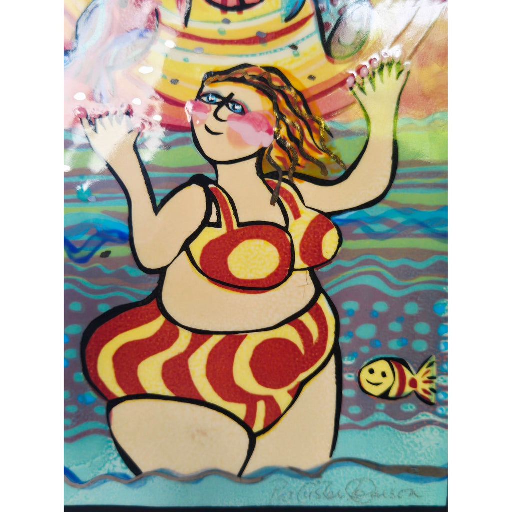 Handcrafted Ceramic Art Tile With Vibrant Swimmer & Fish Design By Pat Custer Denison