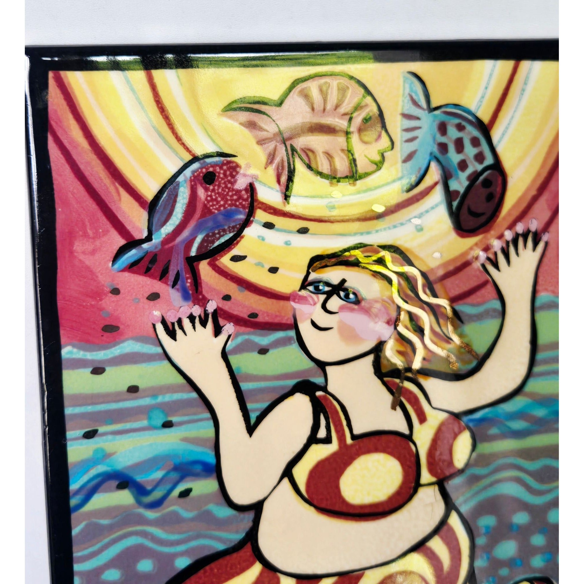 Handcrafted Ceramic Art Tile With Vibrant Swimmer & Fish Design By Pat Custer Denison