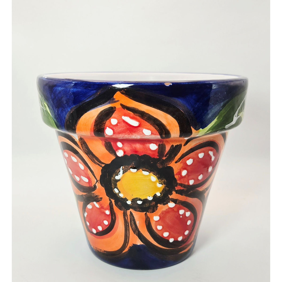 Hand-Painted Terracotta Talavera Flower Pot With Drainage Hole, Florals