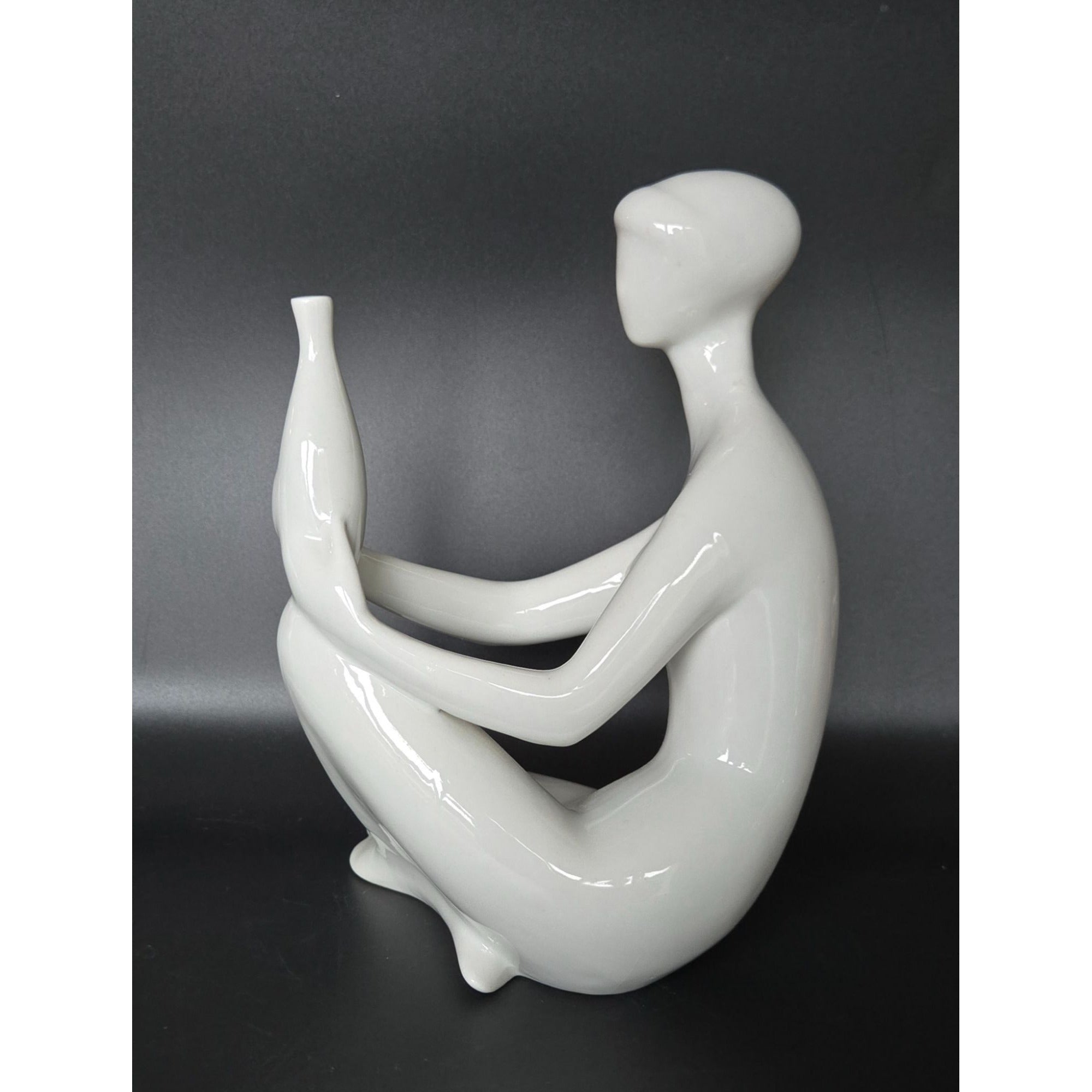Royal Dux Czech Bohemia Porcelain Figurine Abstract White Sitting Woman w/ Vase
