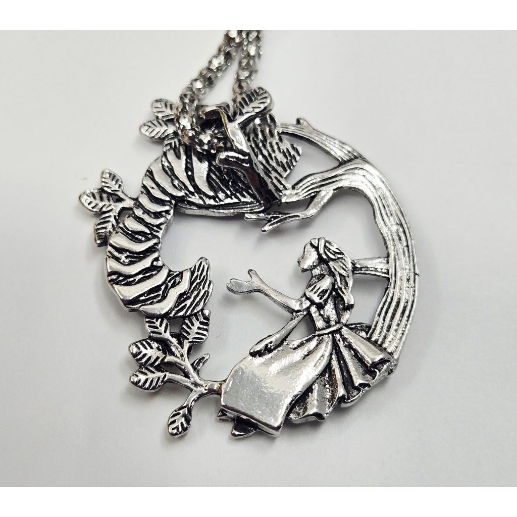 Alice Wonderland & Cheshire Cat Necklace Silver-Tone 2" Pendant 22" Box Chain