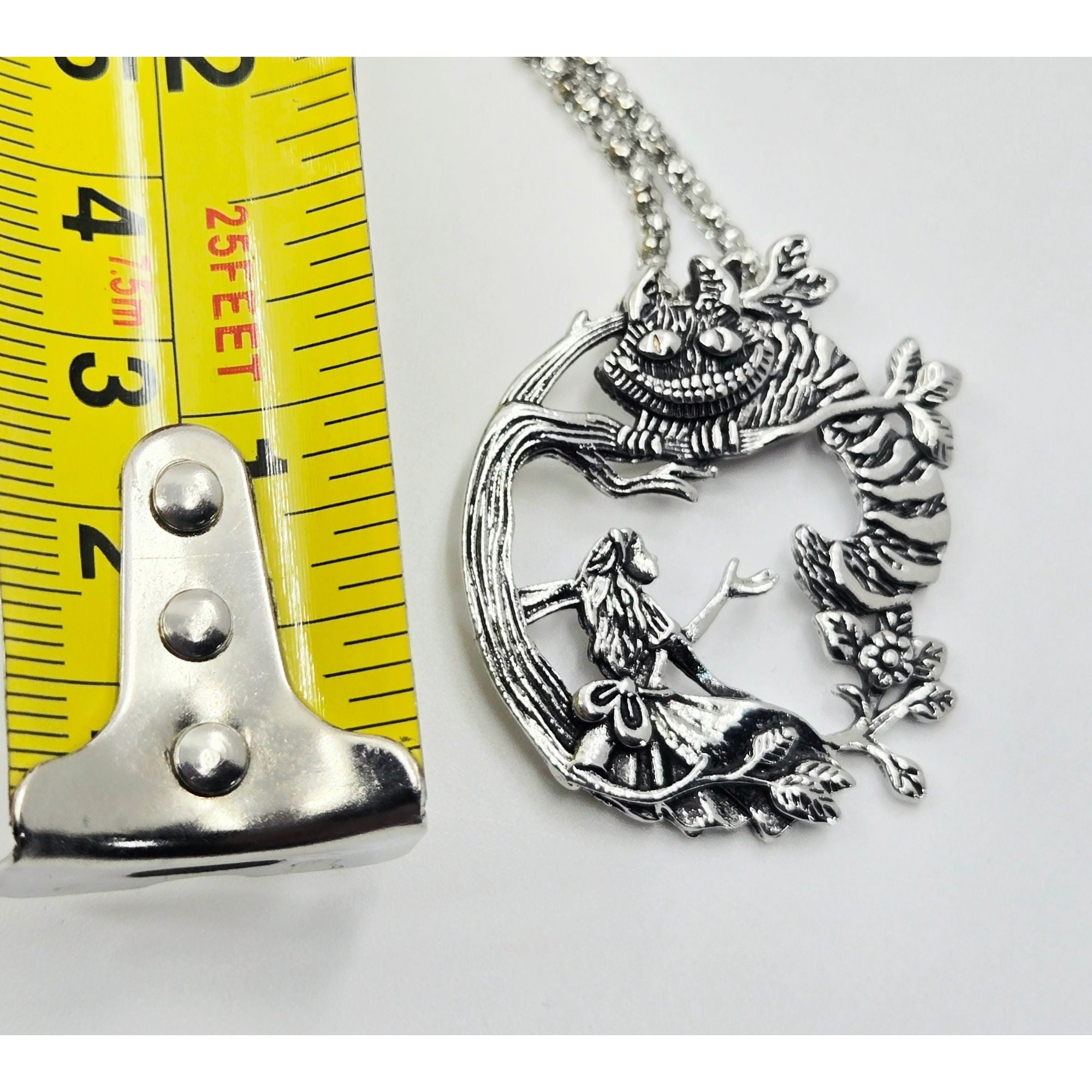 Alice Wonderland & Cheshire Cat Necklace Silver-Tone 2" Pendant 22" Box Chain