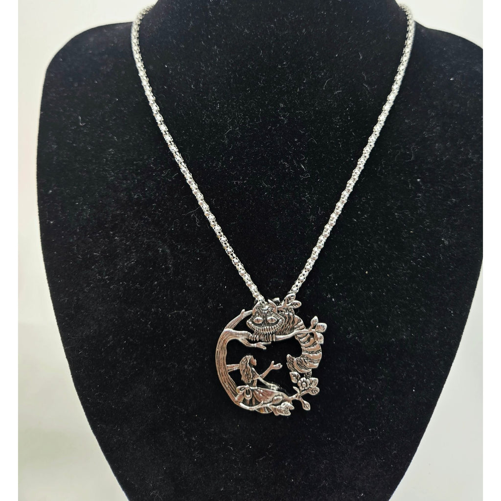 Alice Wonderland & Cheshire Cat Necklace Silver-Tone 2" Pendant 22" Box Chain