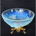 ANTIQUE Etling France, Opalescent Bowl W/ Brass Ornate Metal Base, Fruit Design, Centerpiece (READ)