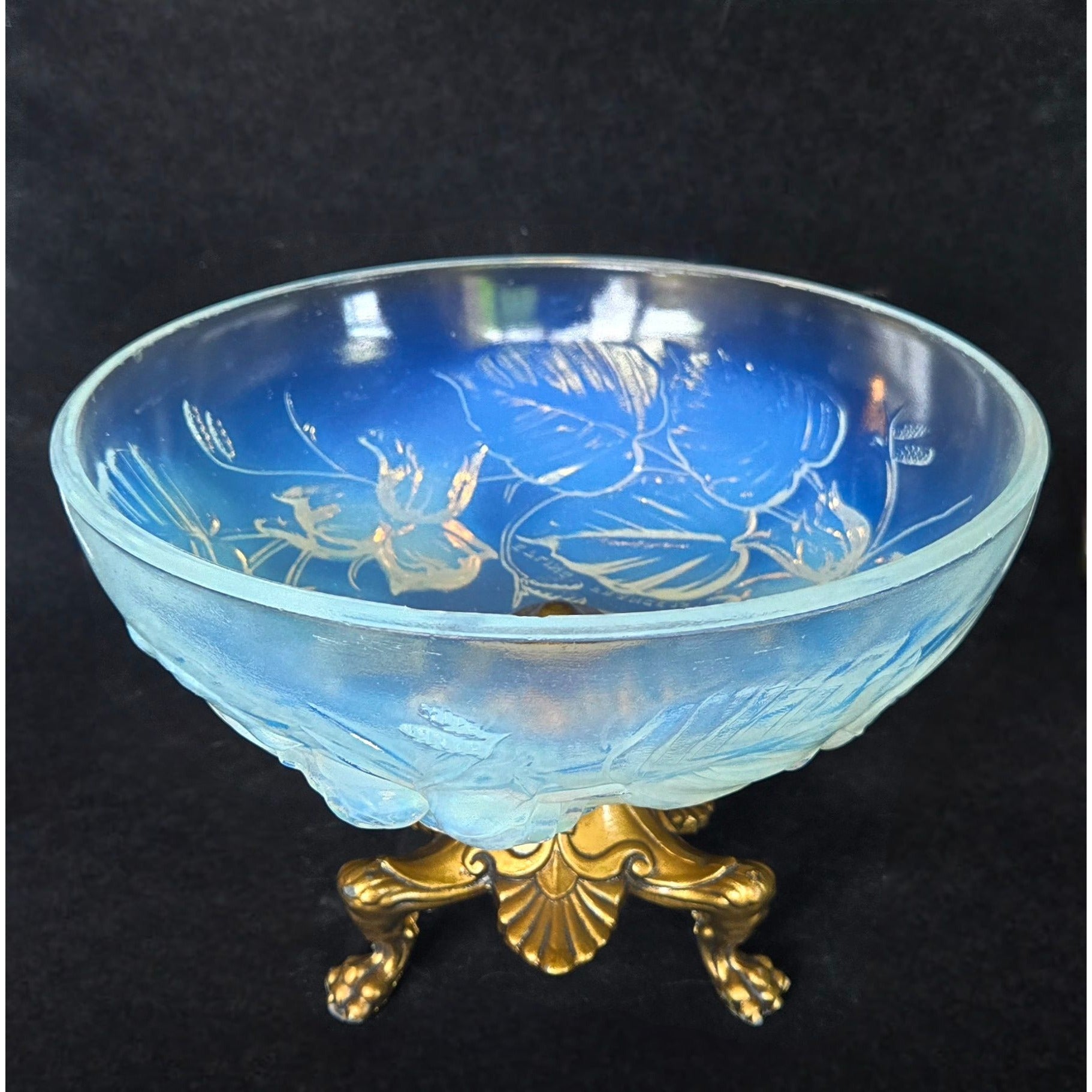 ANTIQUE Etling France, Opalescent Bowl W/ Brass Ornate Metal Base, Fruit Design, Centerpiece (READ)