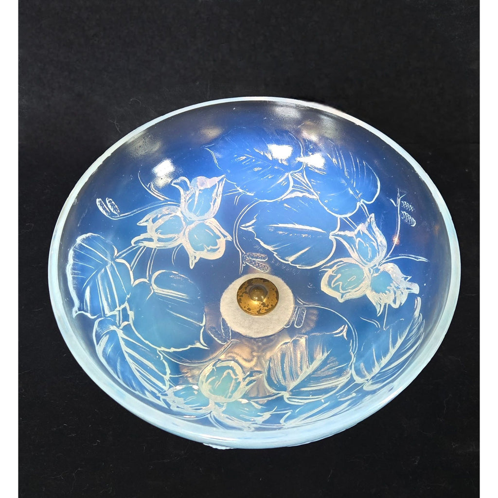 ANTIQUE Etling France, Opalescent Bowl W/ Brass Ornate Metal Base, Fruit Design, Centerpiece (READ)