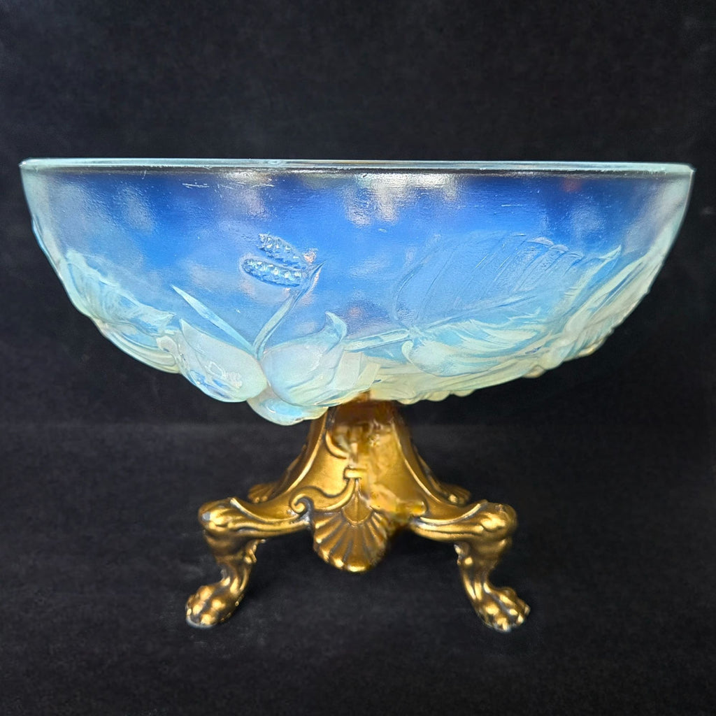 ANTIQUE Etling France, Opalescent Bowl W/ Brass Ornate Metal Base, Fruit Design, Centerpiece (READ)
