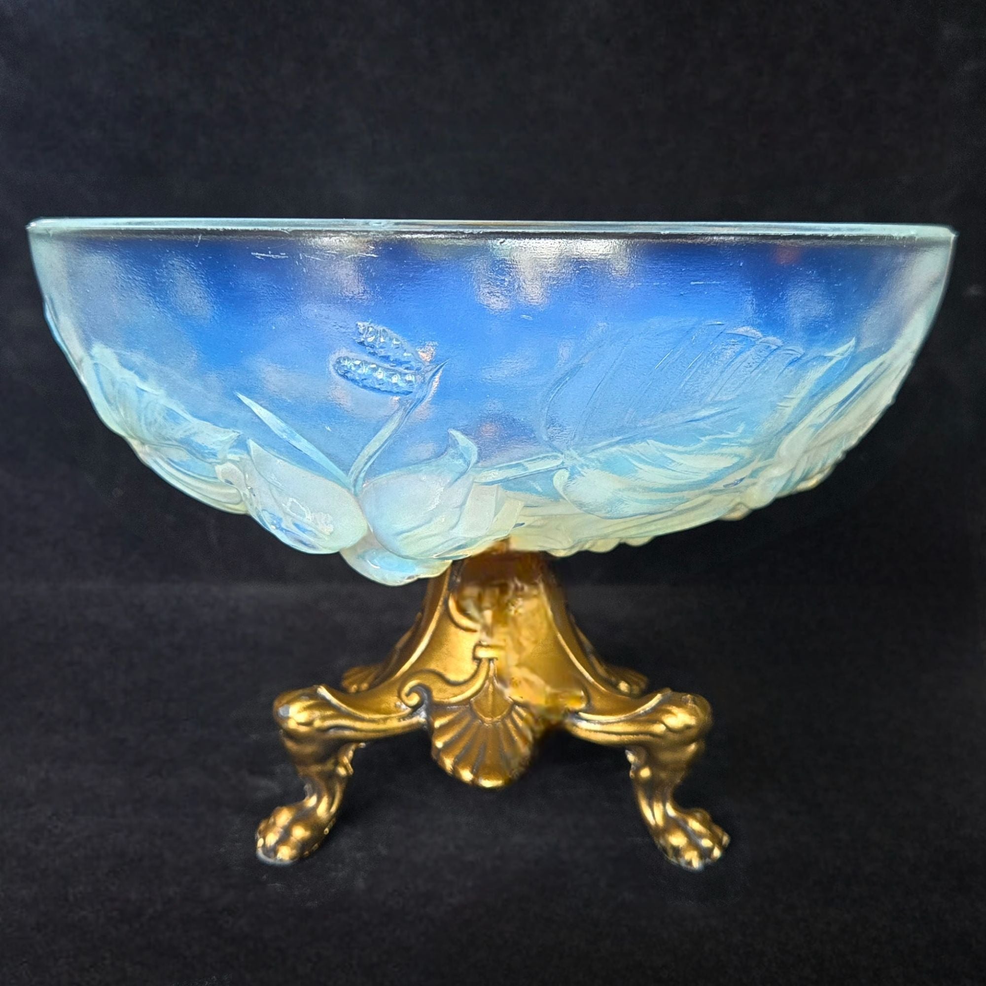 ANTIQUE Etling France, Opalescent Bowl W/ Brass Ornate Metal Base, Fruit Design, Centerpiece (READ)