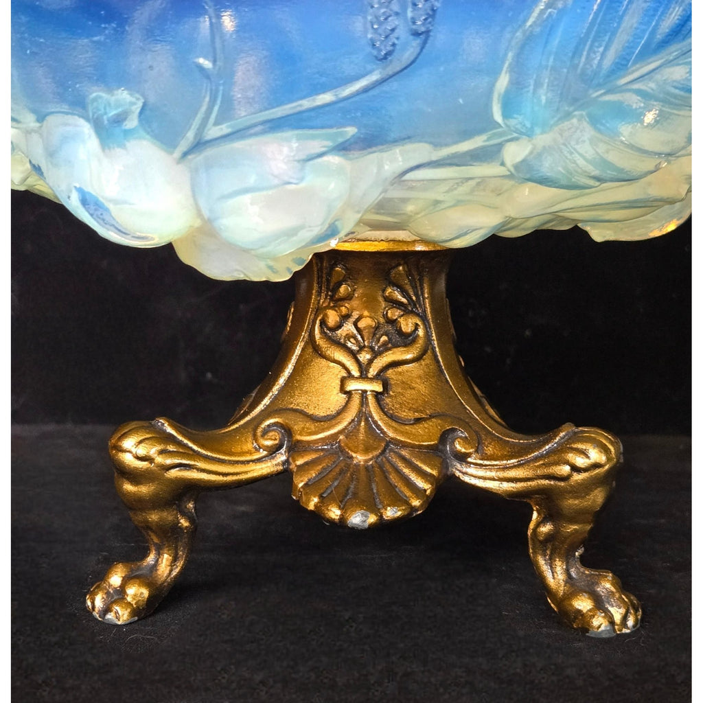 ANTIQUE Etling France, Opalescent Bowl W/ Brass Ornate Metal Base, Fruit Design, Centerpiece (READ)