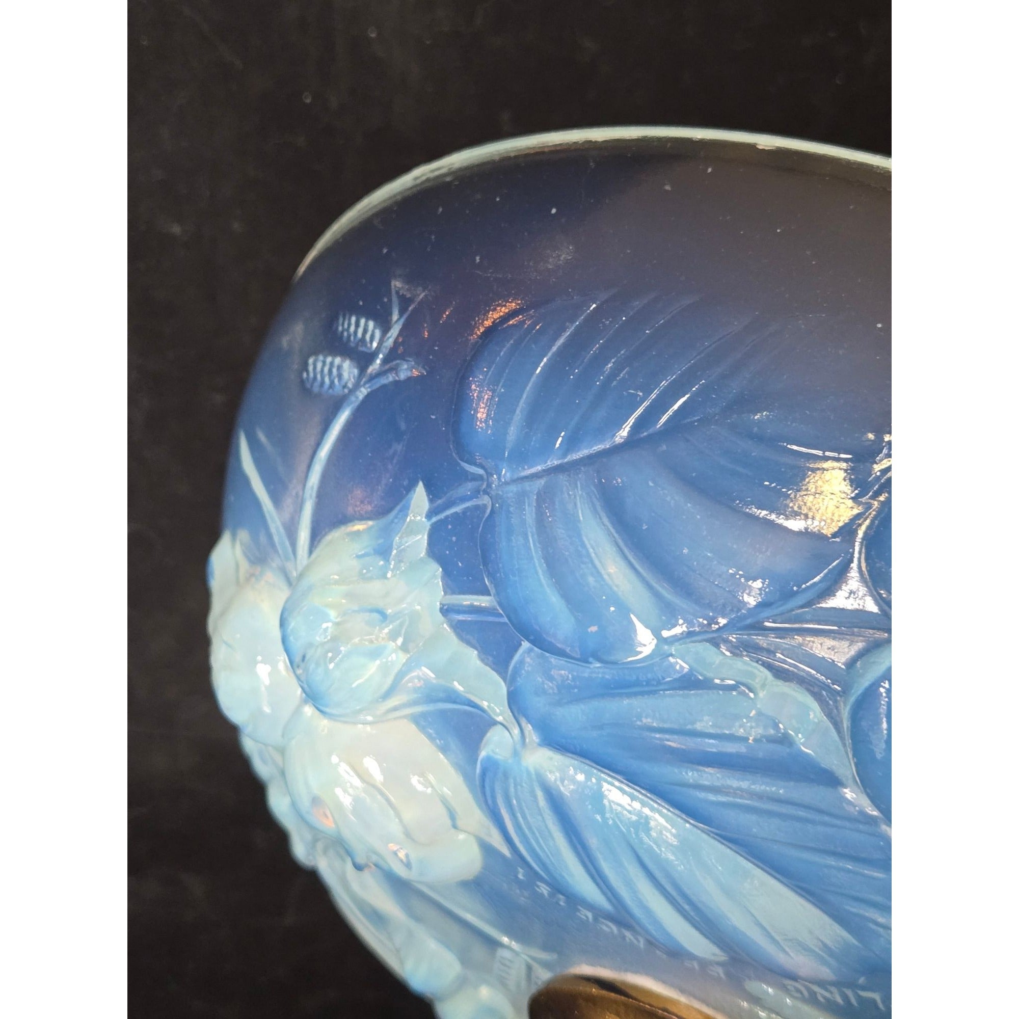 ANTIQUE Etling France, Opalescent Bowl W/ Brass Ornate Metal Base, Fruit Design, Centerpiece (READ)